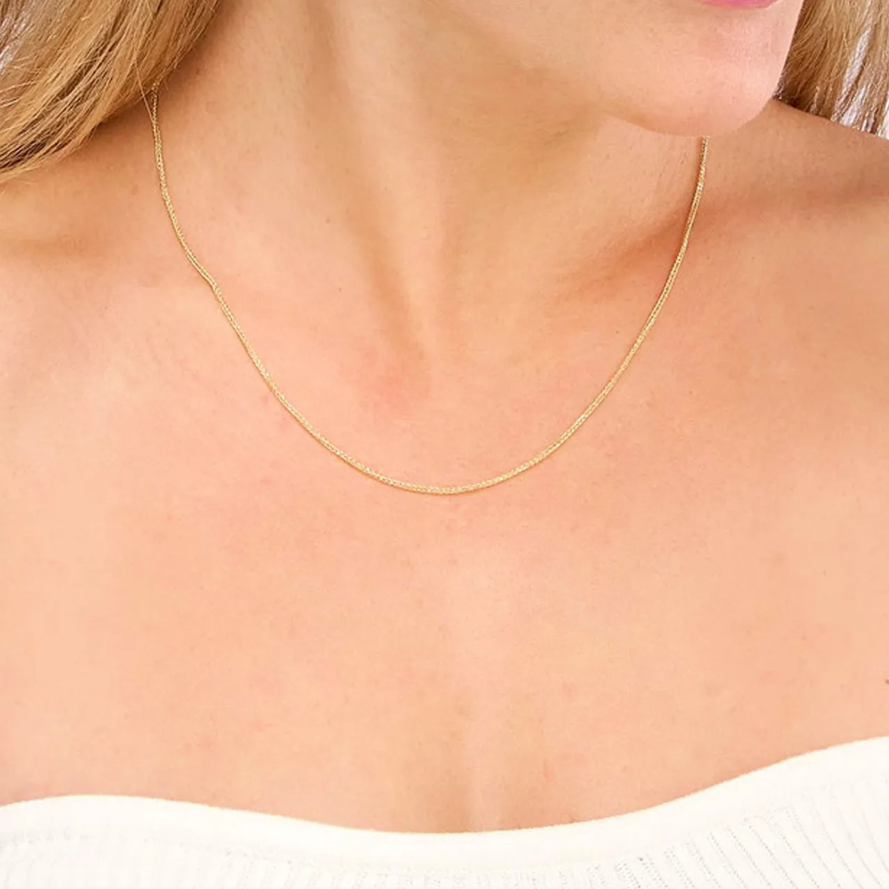 14k Gold 1.5mm Square Wheat Chain Necklace with Spring Ring - Yellow Gold or White Gold