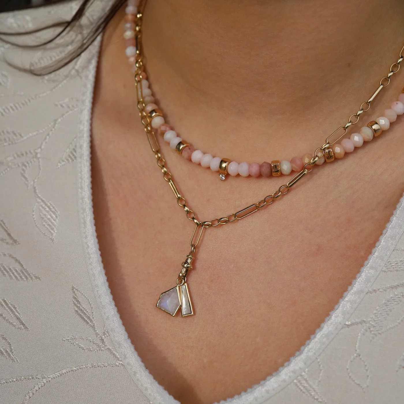 14k Gold & Faceted Pink Opal Rondelle Bead Necklace