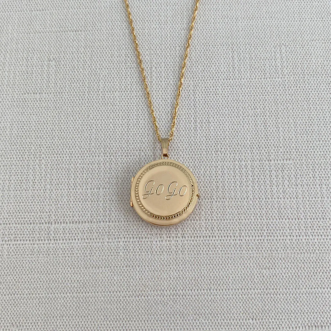 14K Gold Filled 23mm Engraved Round 4 Photo Locket Necklace