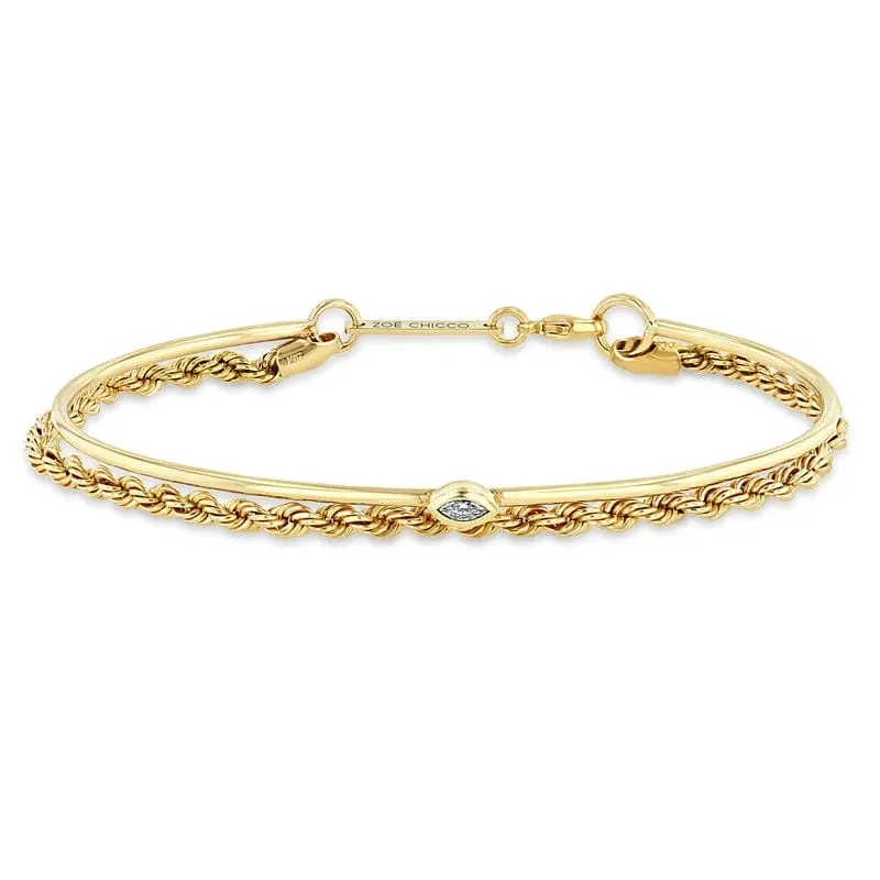 14k Marquise Diamond Cuff & Medium Rope Chain Bracelet