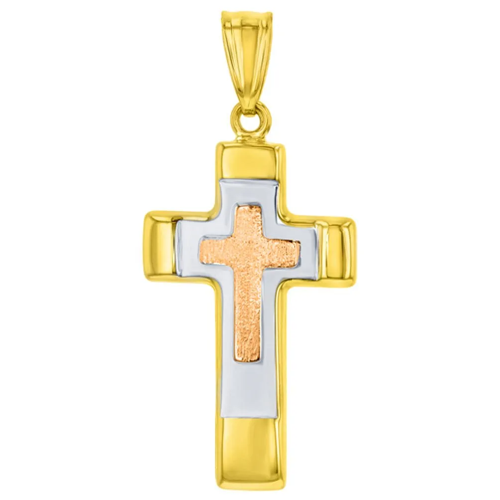 14K Rose & Yellow Gold Tricolor Religious Cross Charm Pendant Necklace