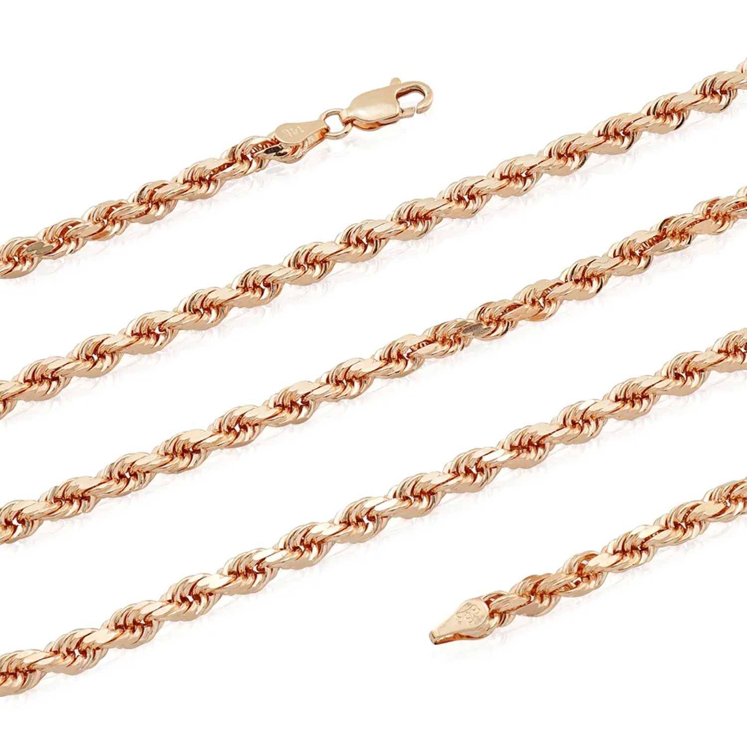 14k Rose Solid Gold Diamond Cut Rope Chain Necklace, 1.5mm