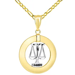 14k Two Tone Gold Open Circle Libra Zodiac Sign Pendant Figaro Necklace