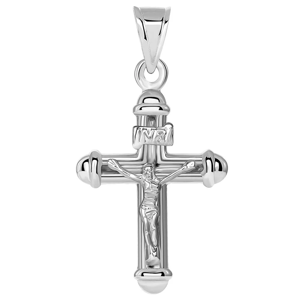 14k White Gold Tubuar Indent INRI Crucifix Religious Cross Pendant Necklace