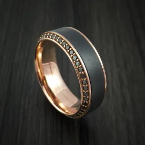 18K Rose Gold Men's Ring with Black Zirconium Inlay and Eternity Set Black Diamonds Custom Made Band