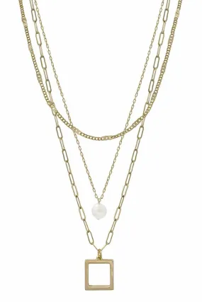 3 Layered Metal Chain Square & Pearl Pendant Necklace