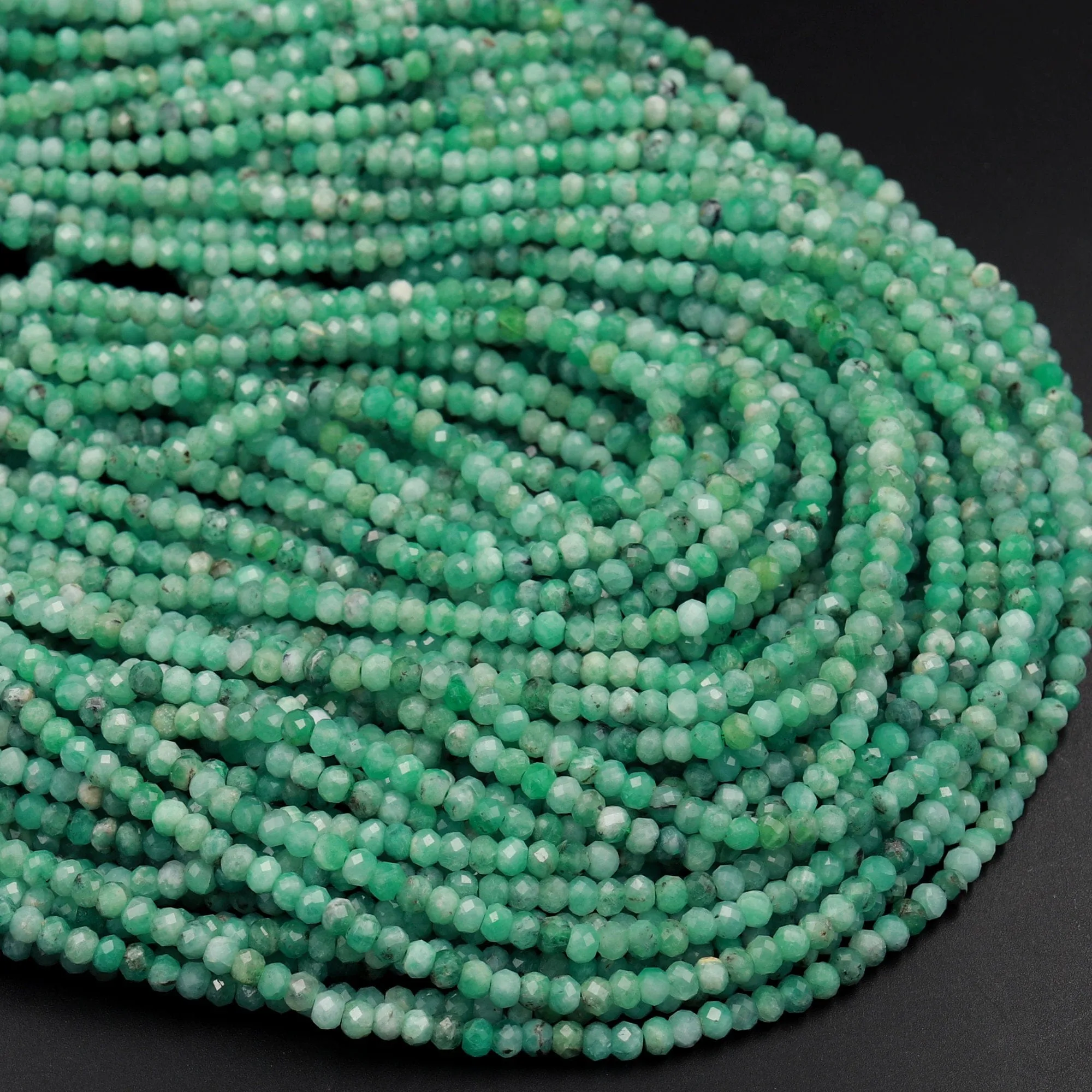 AA Real Genuine Natural Green Emerald Gemstone Faceted 3mm Rondelle Beads Laser Diamond Cut Gemstone May Birthstone 15.5" Strand