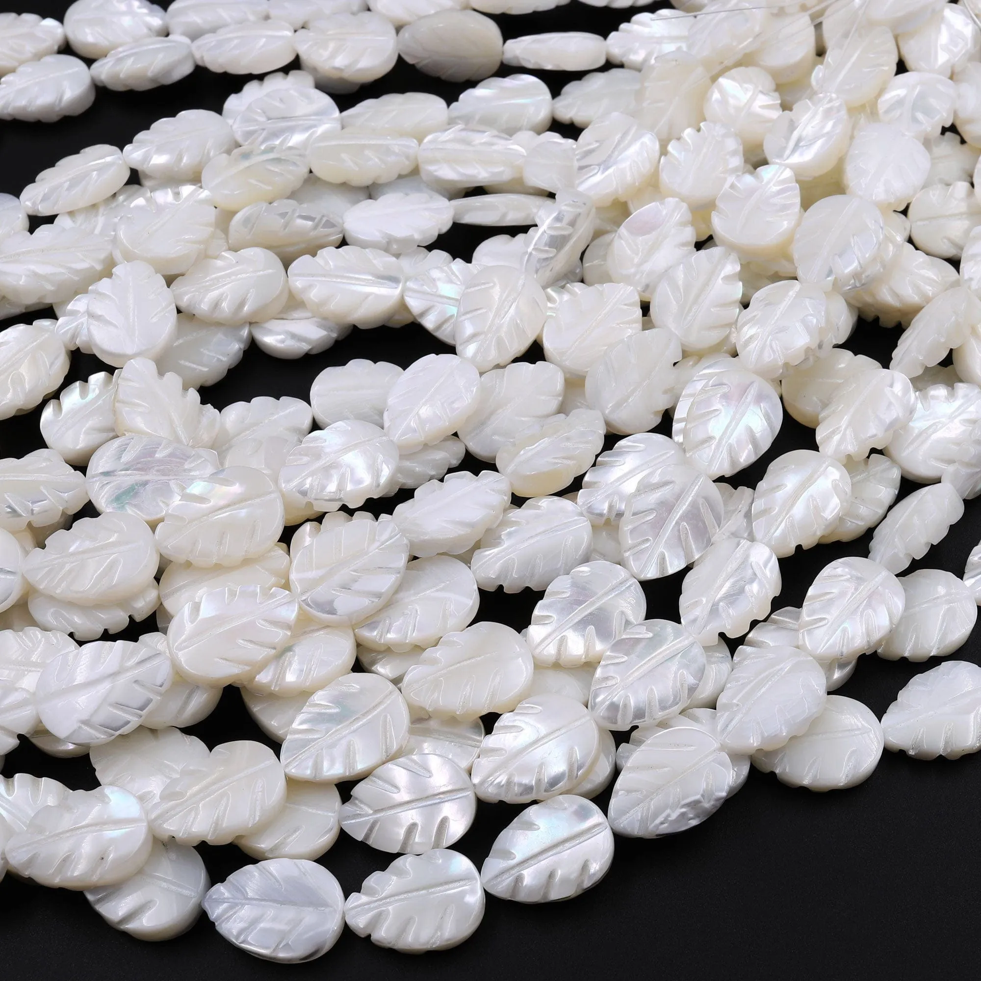 AAA Iridescent Hand Carved Natural White Mother of Pearl Shell Beads Teardrop Leaf Shape 16" Strand