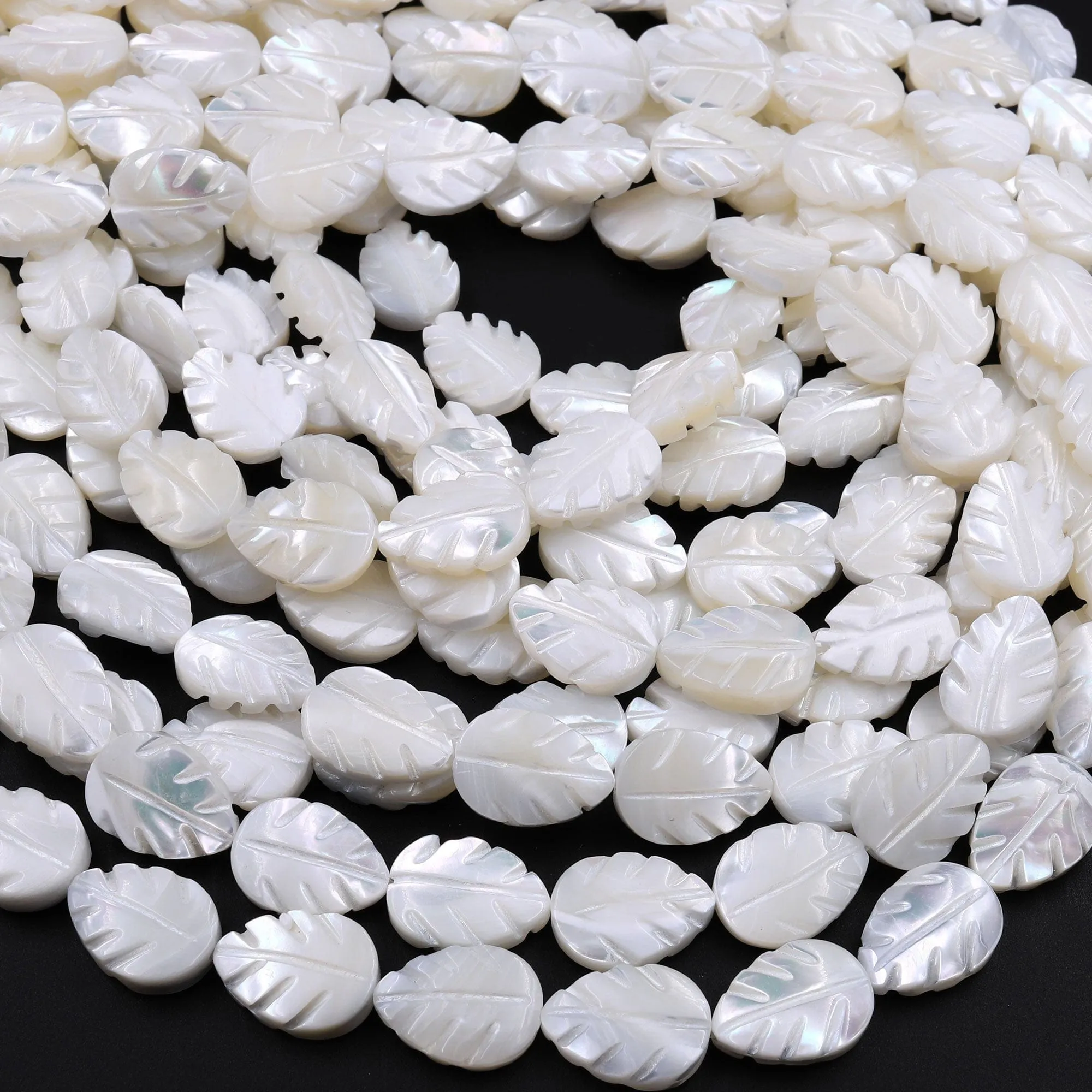 AAA Iridescent Hand Carved Natural White Mother of Pearl Shell Beads Teardrop Leaf Shape 16" Strand