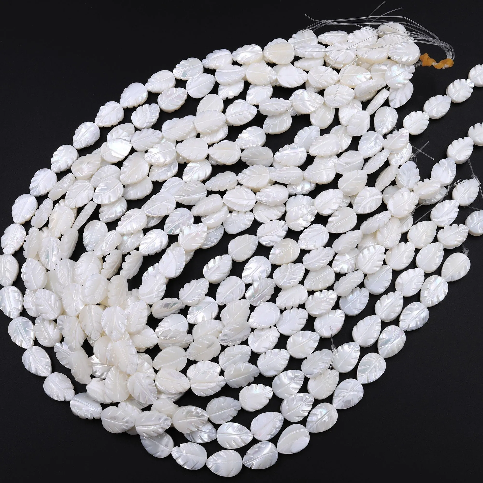 AAA Iridescent Hand Carved Natural White Mother of Pearl Shell Beads Teardrop Leaf Shape 16" Strand