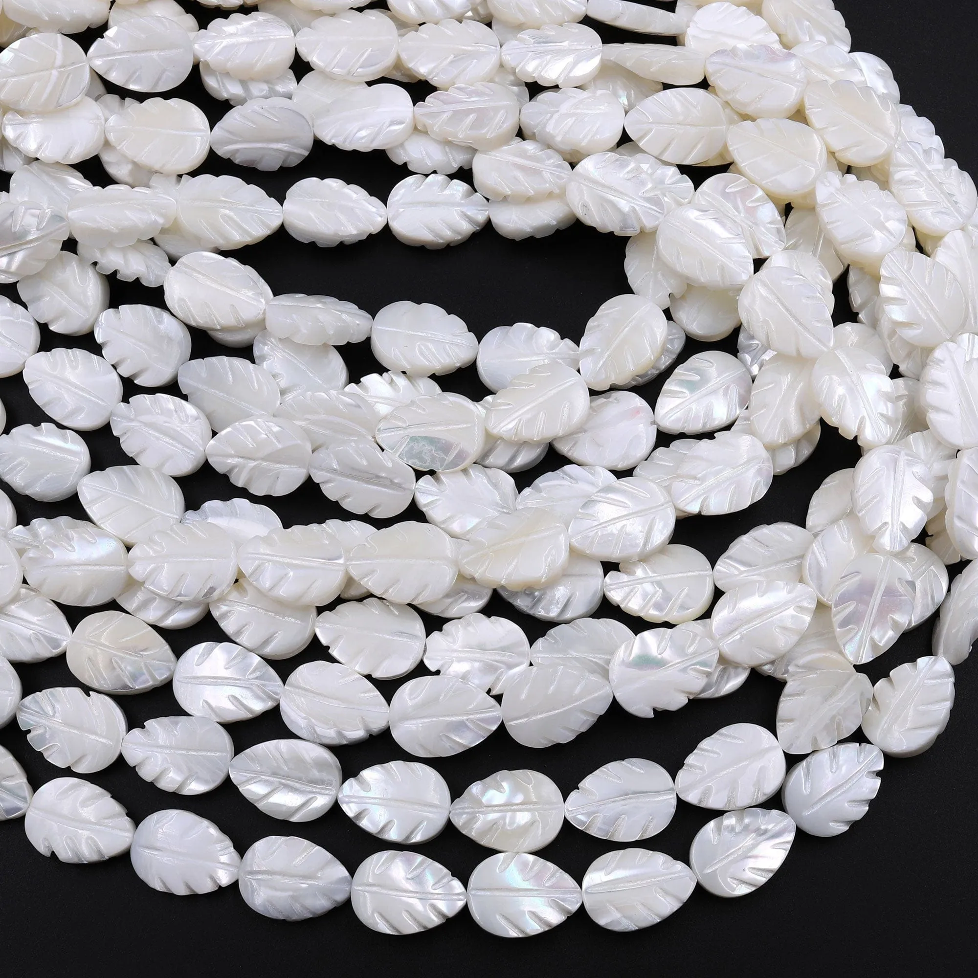 AAA Iridescent Hand Carved Natural White Mother of Pearl Shell Beads Teardrop Leaf Shape 16" Strand