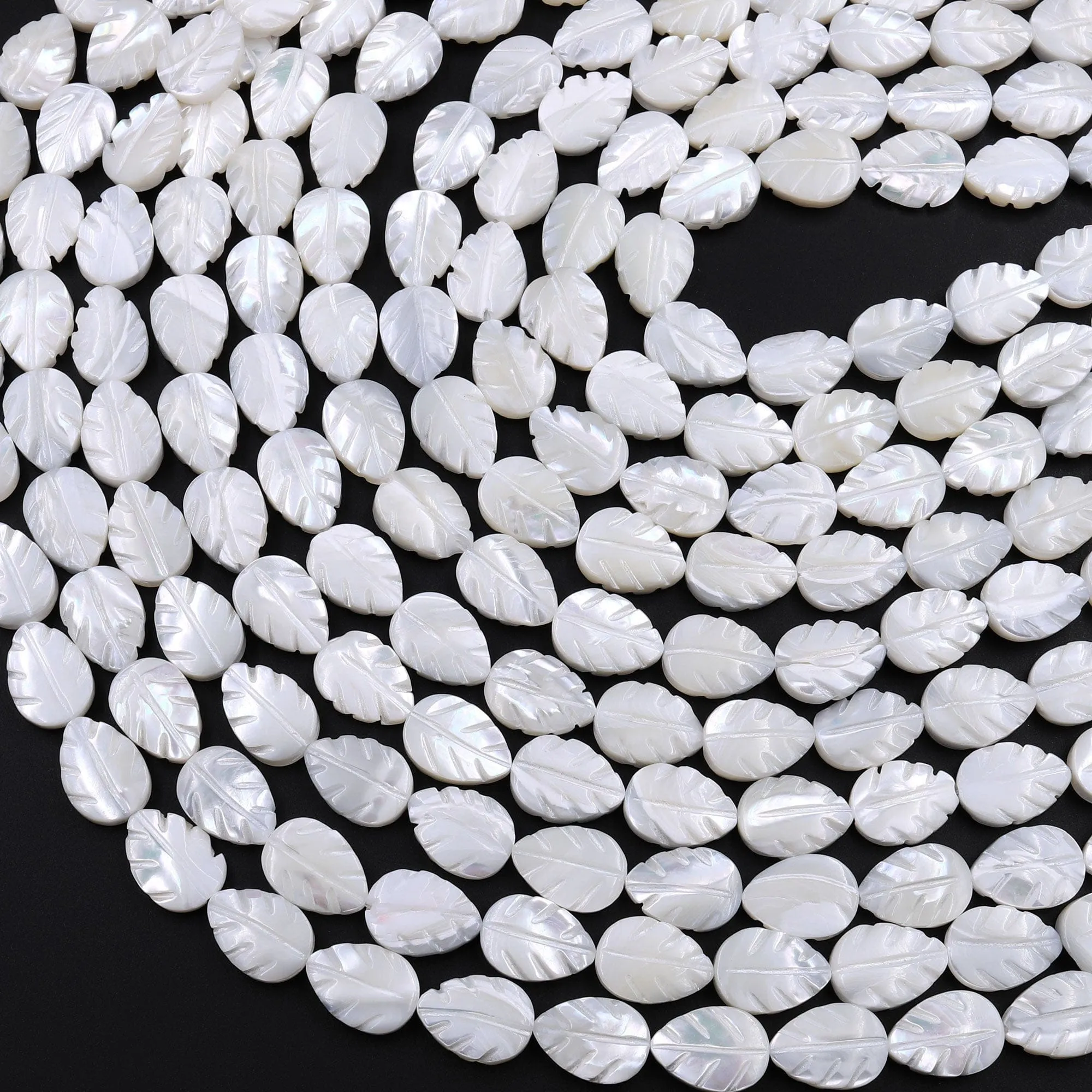 AAA Iridescent Hand Carved Natural White Mother of Pearl Shell Beads Teardrop Leaf Shape 16" Strand