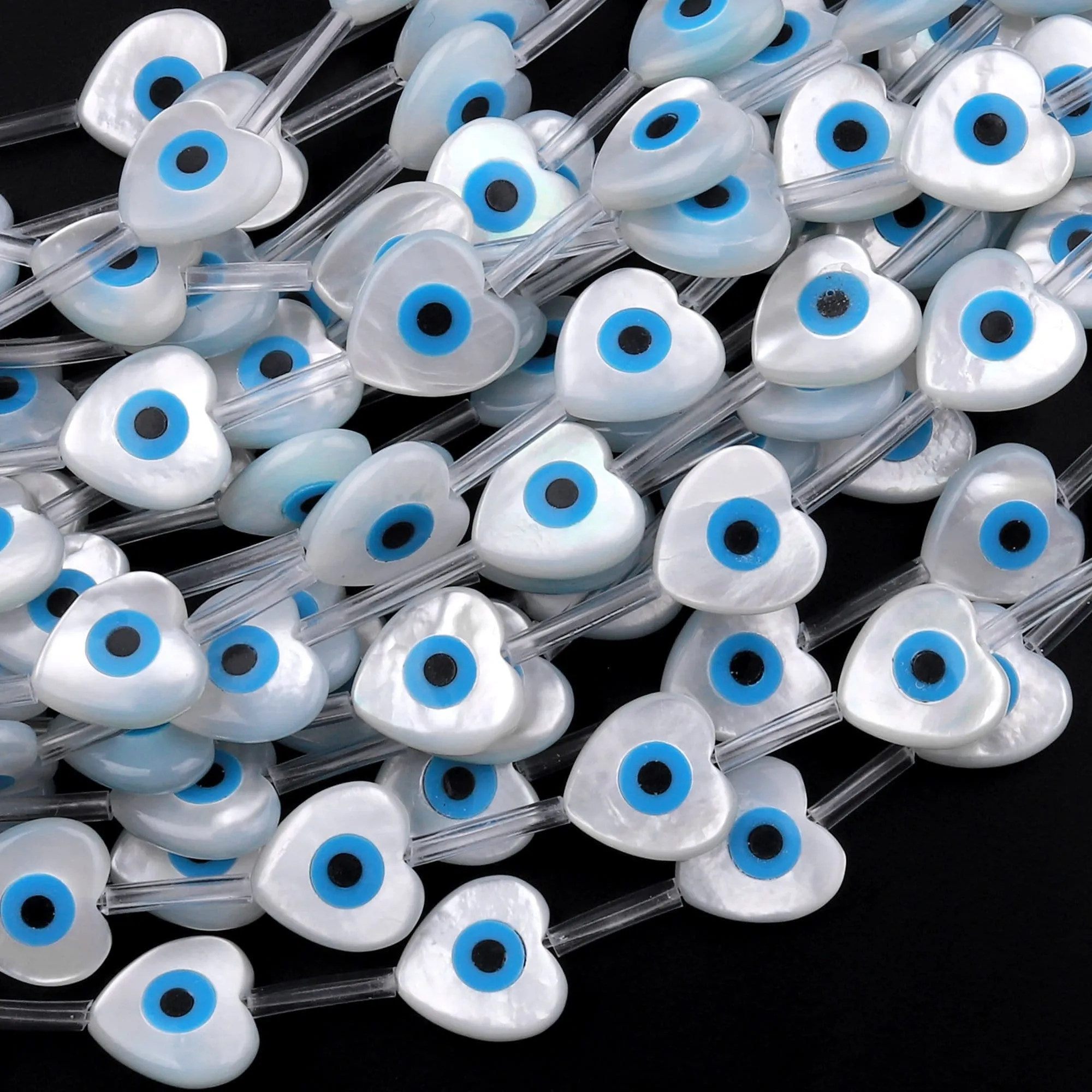 AAA Iridescent Natural White Mother of Pearl Shell Blue Evil Eye Heart Beads 6mm 8mm 10mm Choose from 5 pcs, 10pcs