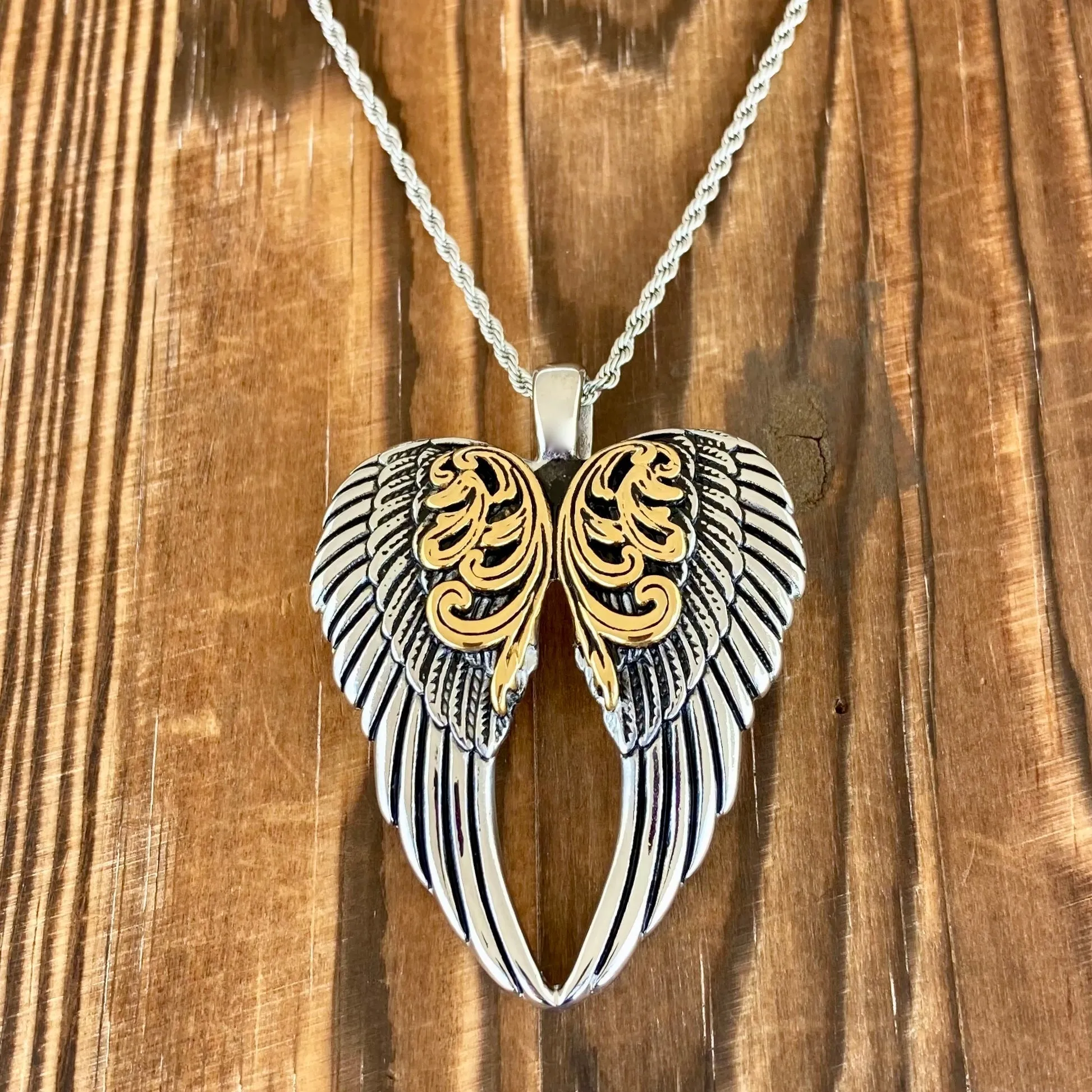 Angel Heart Wings Pendant - Silver/Gold Wings - Custom - Rope Necklace - LAP025