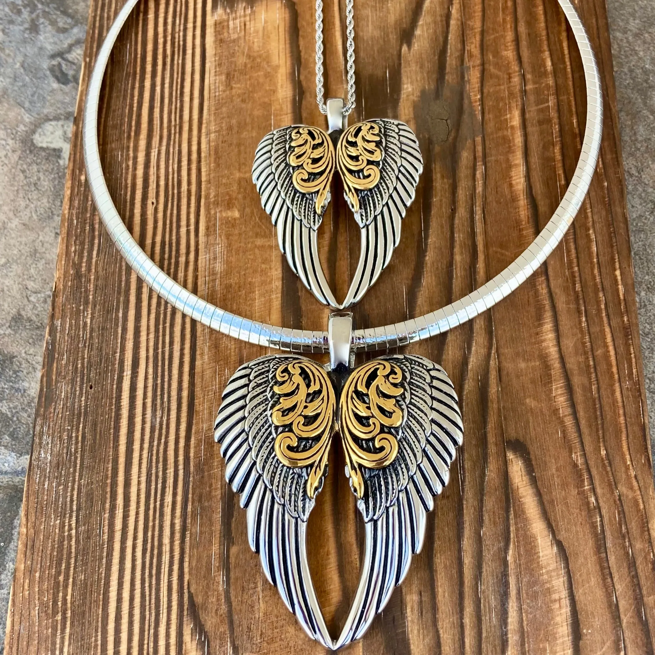 Angel Heart Wings Pendant - Silver/Gold Wings - Custom - Rope Necklace - LAP025