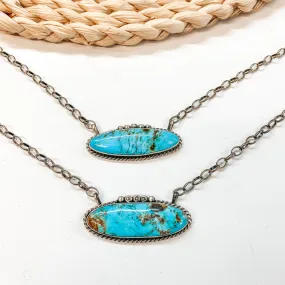 Augustine Largo | Navajo Handmade Sterling Silver Chain Necklace with Silverwork and Large Oval Kingman Turquoise Pendant