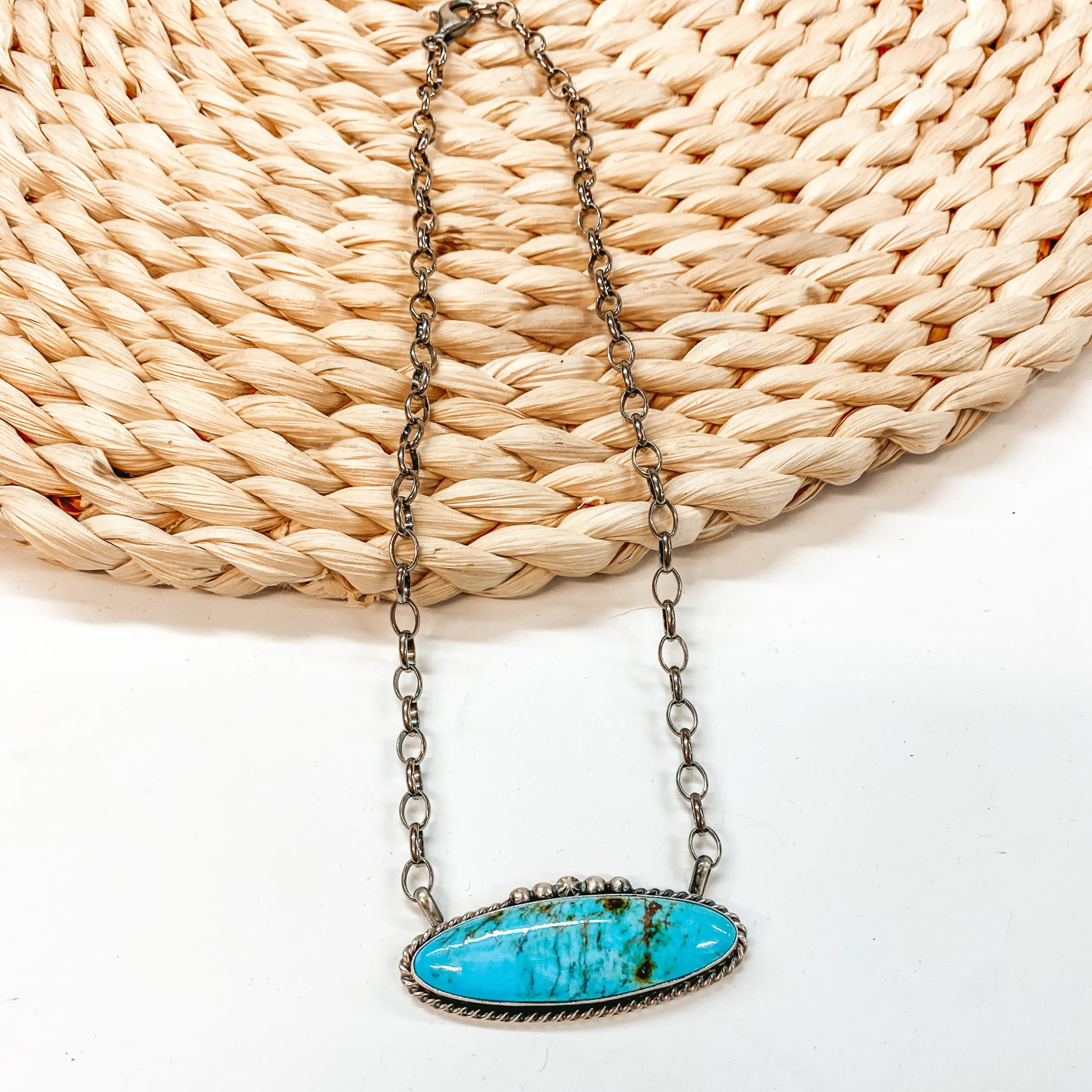 Augustine Largo | Navajo Handmade Sterling Silver Chain Necklace with Silverwork and Large Oval Kingman Turquoise Pendant