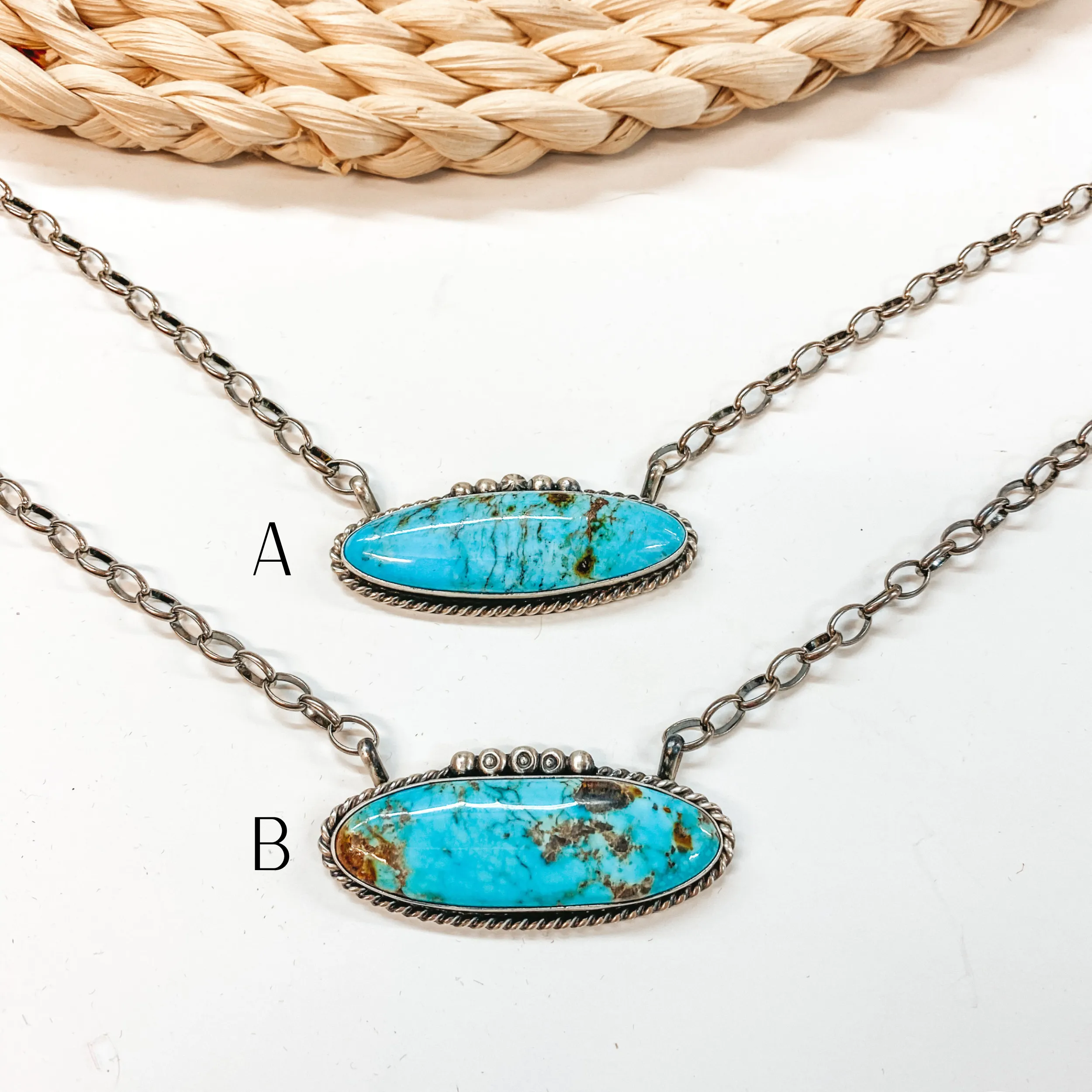 Augustine Largo | Navajo Handmade Sterling Silver Chain Necklace with Silverwork and Large Oval Kingman Turquoise Pendant