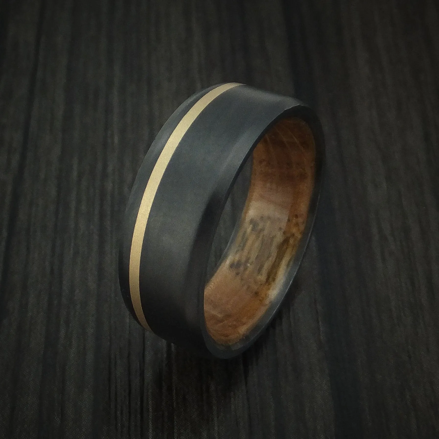 Black Titanium Men's Ring with 14K Yellow Gold Inlay and Hardwood Sleeve