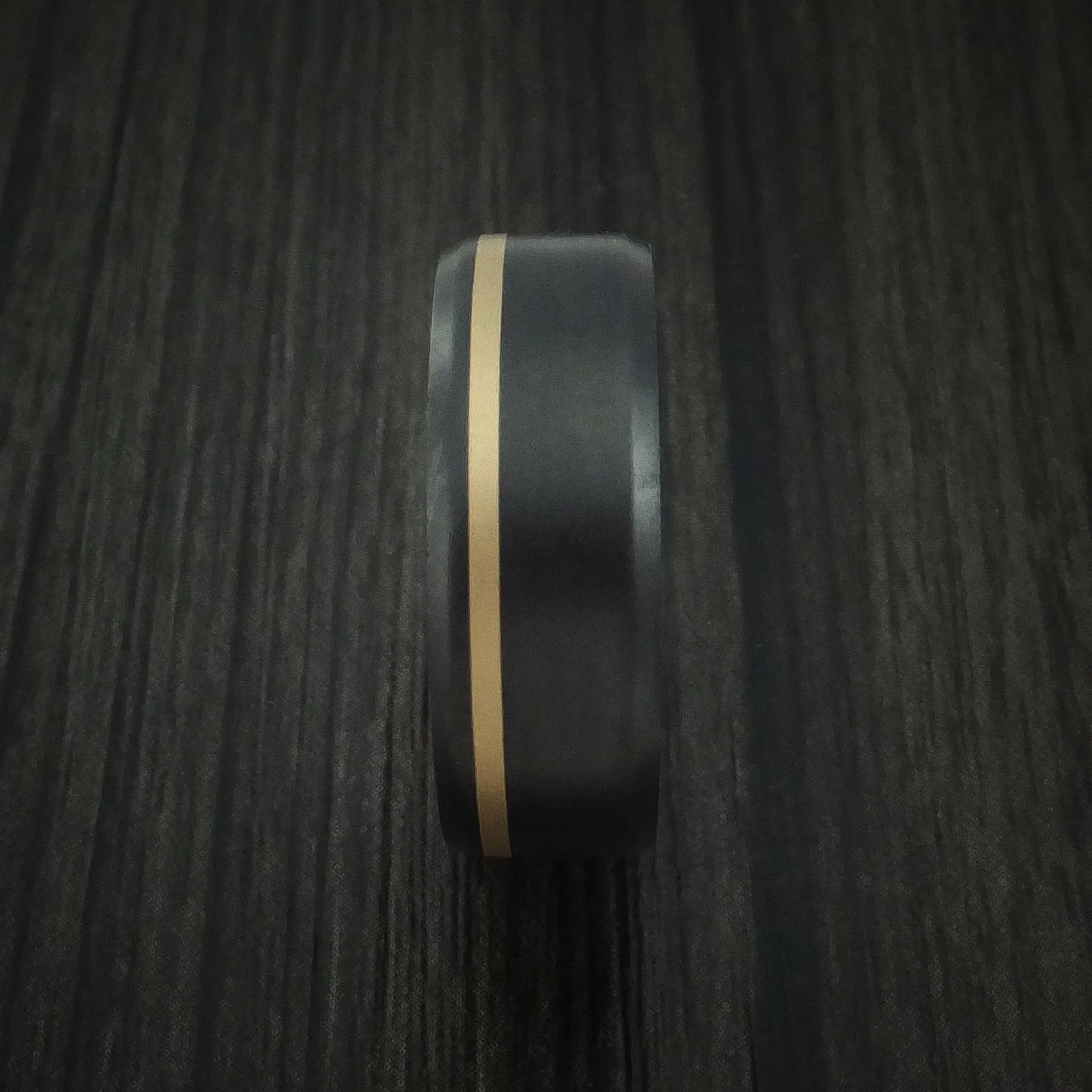 Black Titanium Men's Ring with 14K Yellow Gold Inlay and Hardwood Sleeve