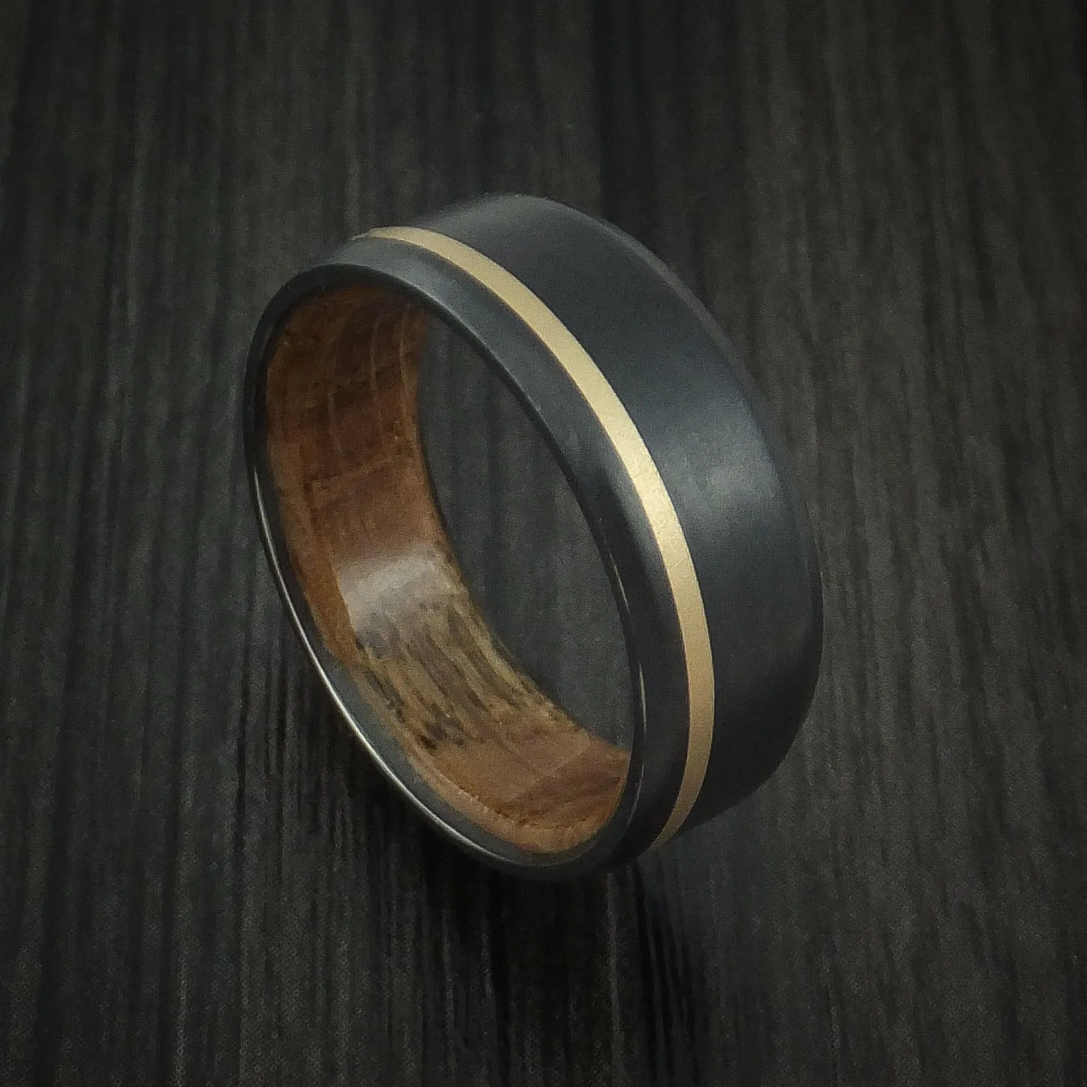 Black Titanium Men's Ring with 14K Yellow Gold Inlay and Hardwood Sleeve