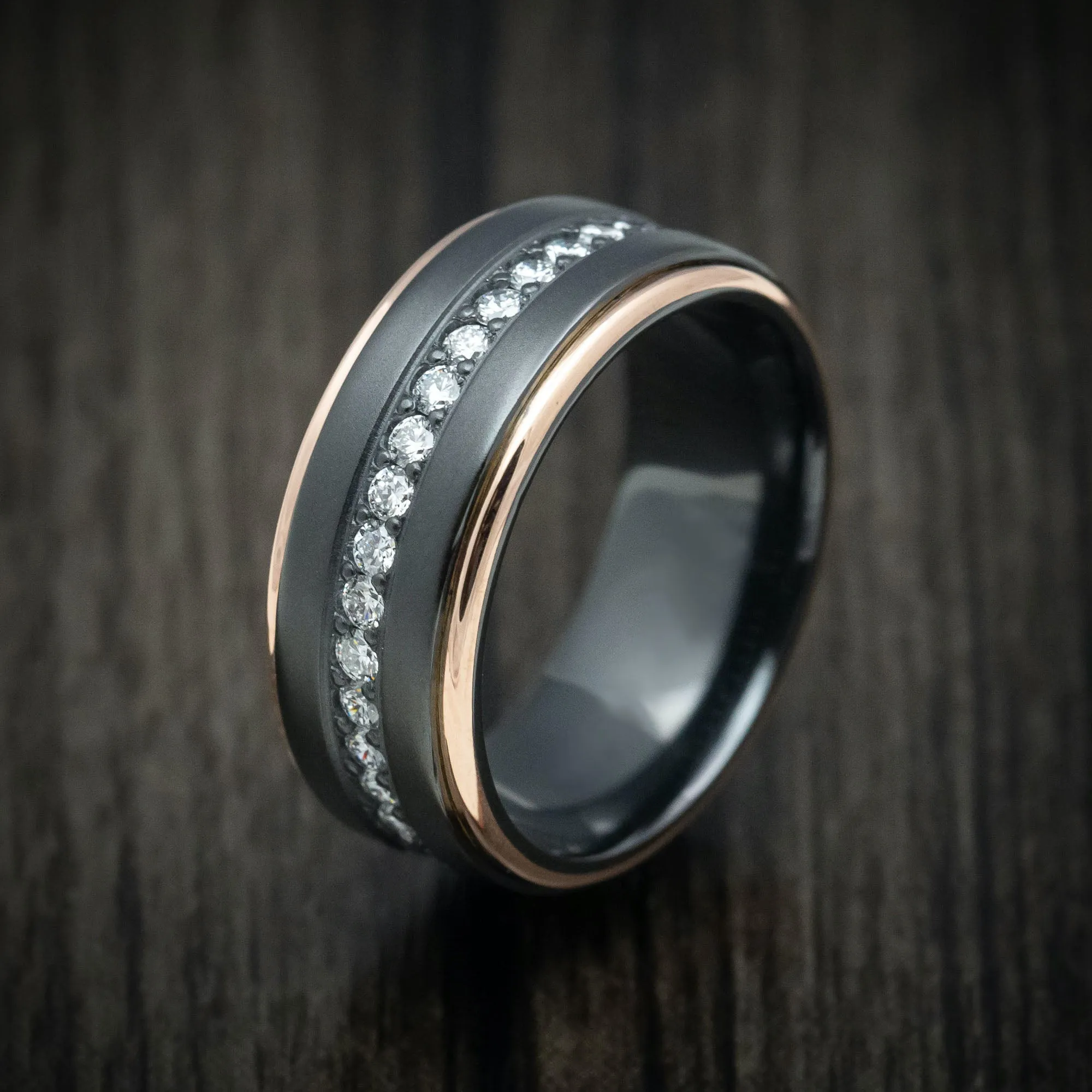 Black Zirconium and Half Eternity Diamond Men's Ring with Gold Inlays Custom Made Band