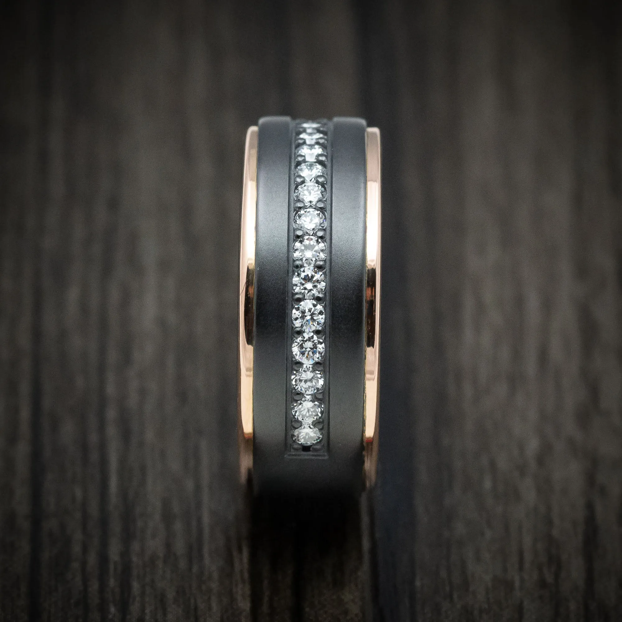 Black Zirconium and Half Eternity Diamond Men's Ring with Gold Inlays Custom Made Band