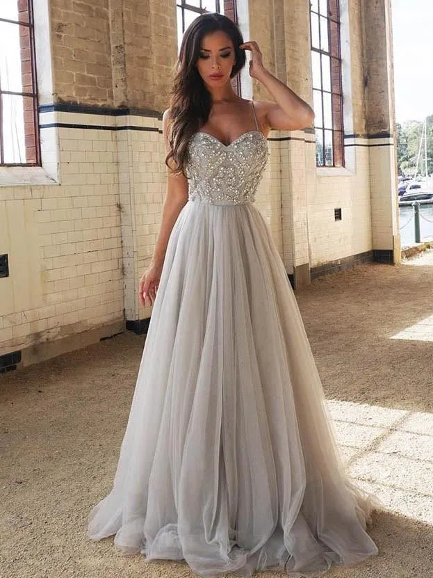 Chic Silver Prom Dress Cheap Long Prom Dress With Beading #ER172