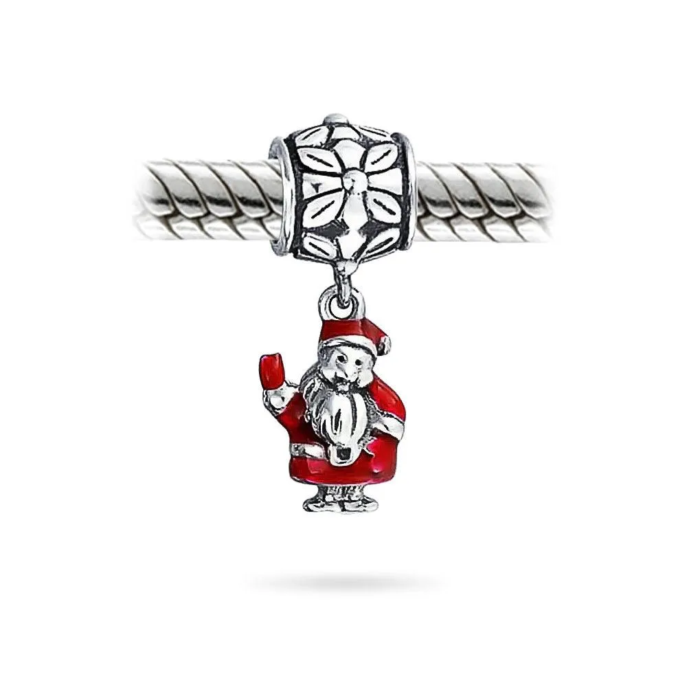 Christmas Red Santa Claus Dangle Charm Bead .925 Sterling Silver