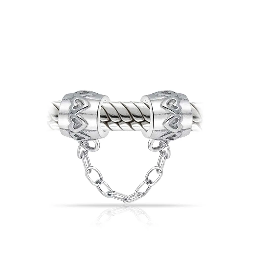 Double Hearts Chain Spacer Stopper Bead Charm .925 Sterling Silver