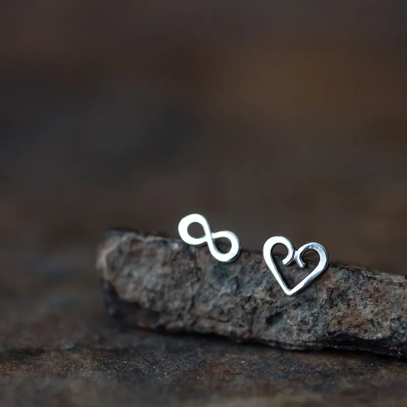 Endless Love - Mismatched Stud Earrings, heart and infinity symbol