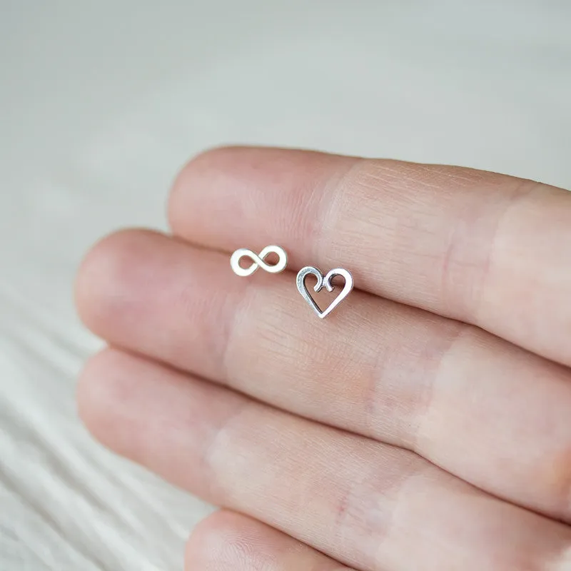 Endless Love - Mismatched Stud Earrings, heart and infinity symbol