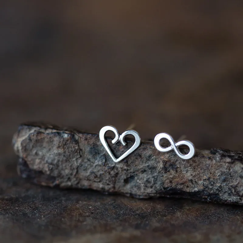 Endless Love - Mismatched Stud Earrings, heart and infinity symbol