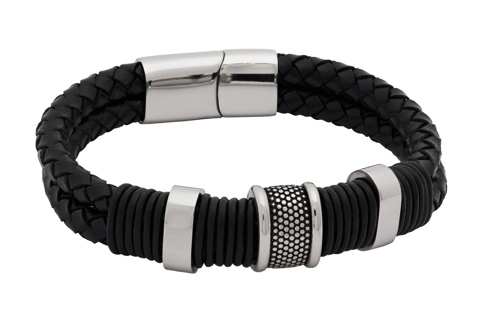 Glendale Black Leather Stainless Steel Bracelet