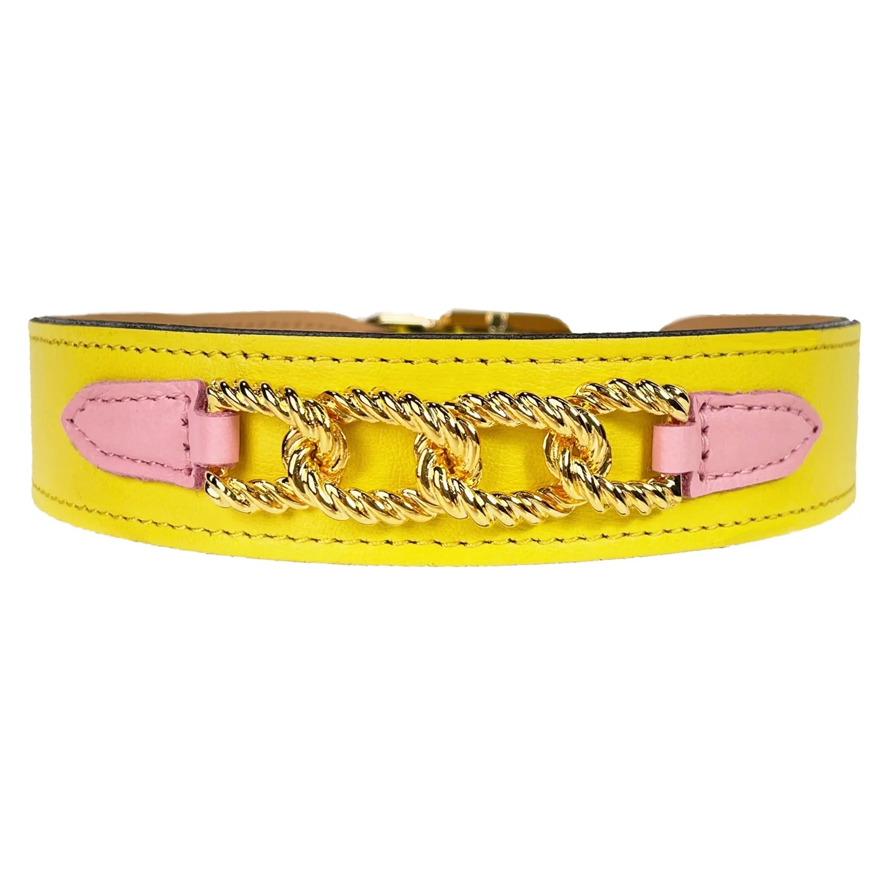 Mayfair Dog Collar in Canary Yellow, Sweet Pink & Gold