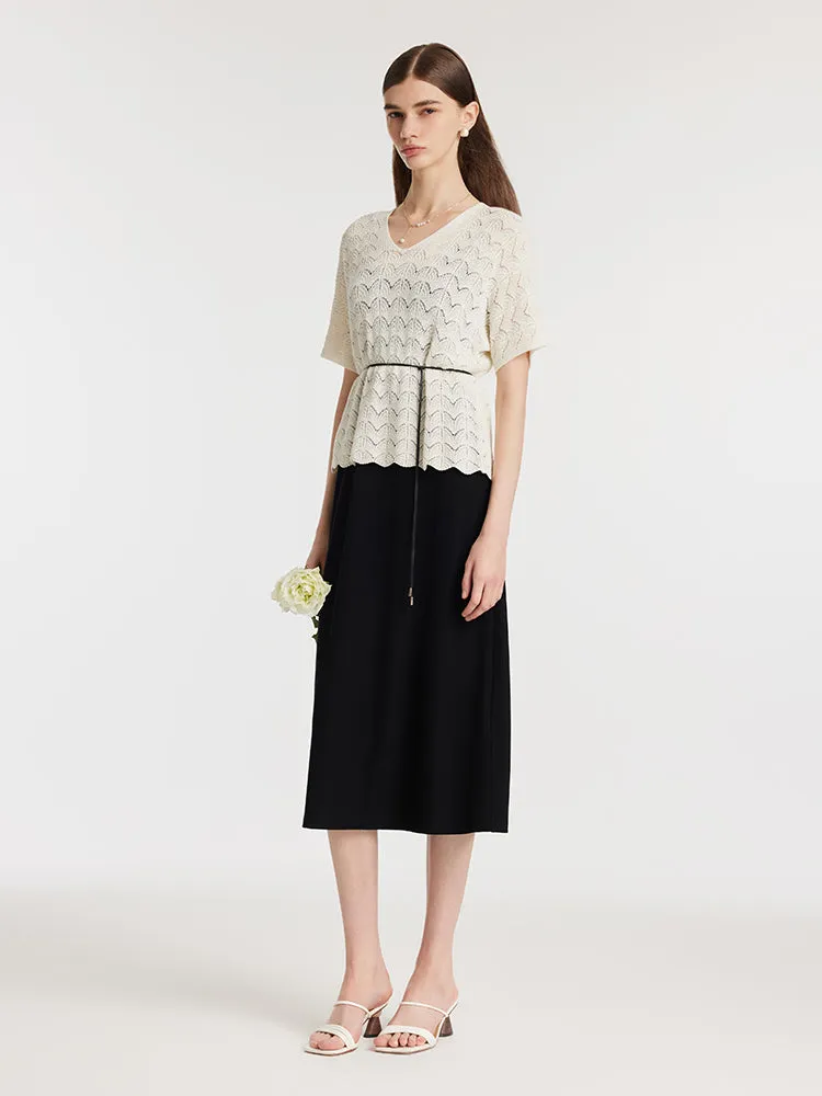 Openwork Knit Top And Strap Dress Two-Piece Set With Rope Belt