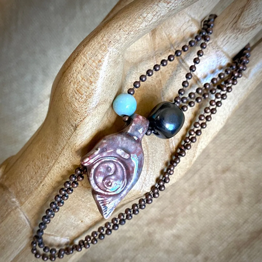 Raku Dolphin Yin-Yang Pendant with Shungite & Amazonite, on Ball Chain