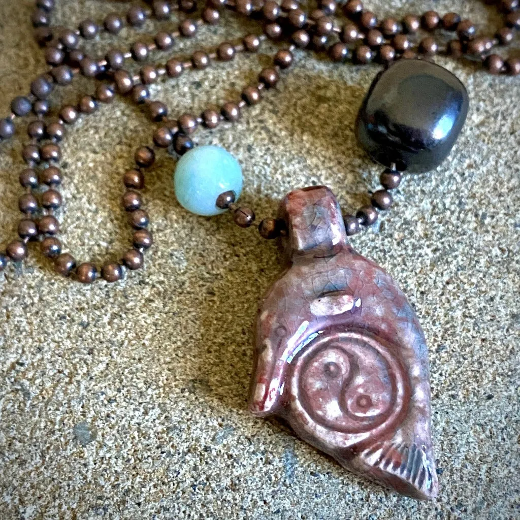 Raku Dolphin Yin-Yang Pendant with Shungite & Amazonite, on Ball Chain