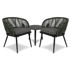 Santa Monica Dining 3pc Occasional with Soft Ash Olefin Cushions, Bonsai Olefin Rope and Gunmetal Aluminium Frame