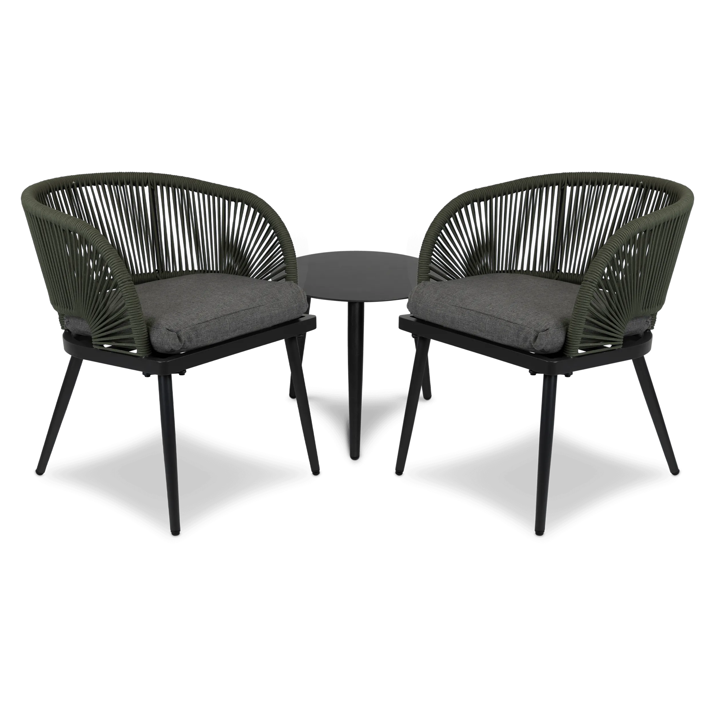 Santa Monica Dining 3pc Occasional with Soft Ash Olefin Cushions, Bonsai Olefin Rope and Gunmetal Aluminium Frame