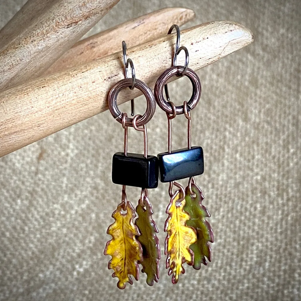 Shungite & Enameled Copper Double Oak Leaf Earrings, Yellow & Green