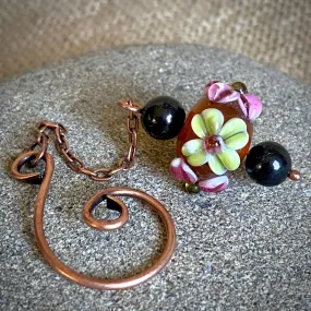 Shungite Garden Dangle with Lampwork Flower Bead on Copper Hook