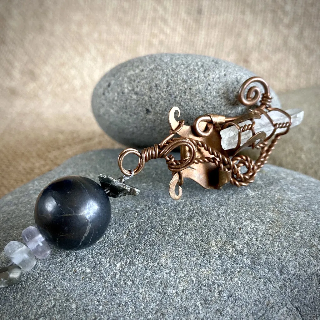 Shungite, Pyrite, Fluorite, Ornament w/Quartz Crystal in Copper Setting