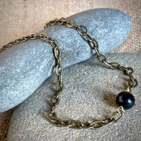 Simple Shungite Bead Necklace, Unisex, Chunky Brass Chain, Elephant Clasp