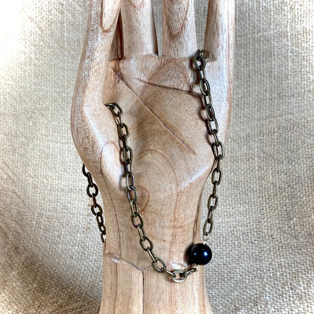 Simple Shungite Bead Necklace, Unisex, Chunky Brass Chain, Elephant Clasp