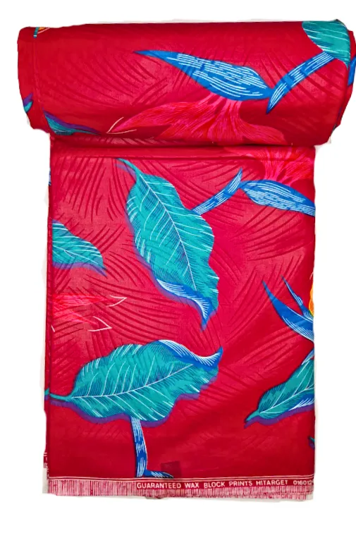 Teal Tropical Leaves on Crimson Print - CA351