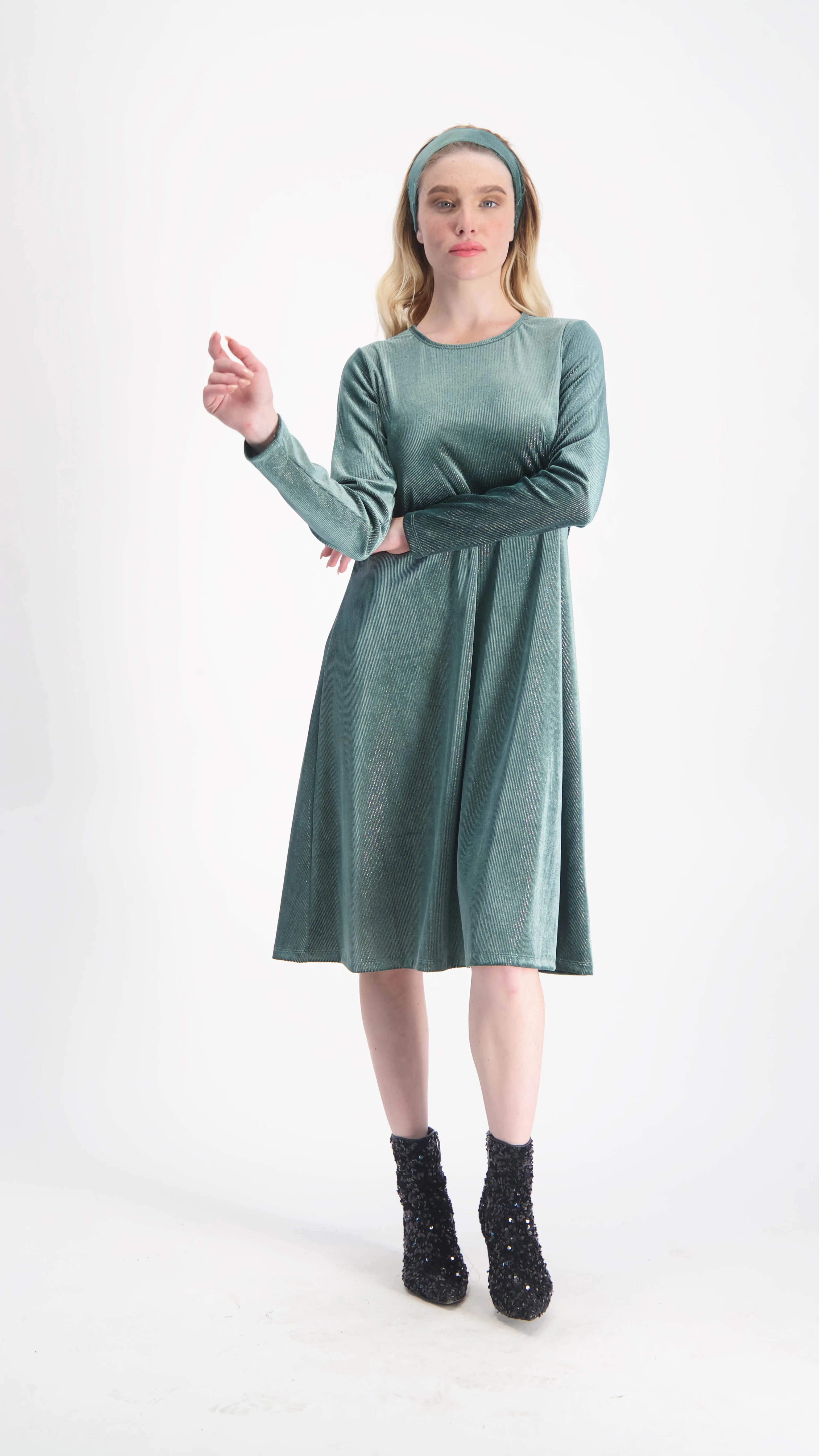 Velvet A-line Dress With Belt / Green & Silver Line