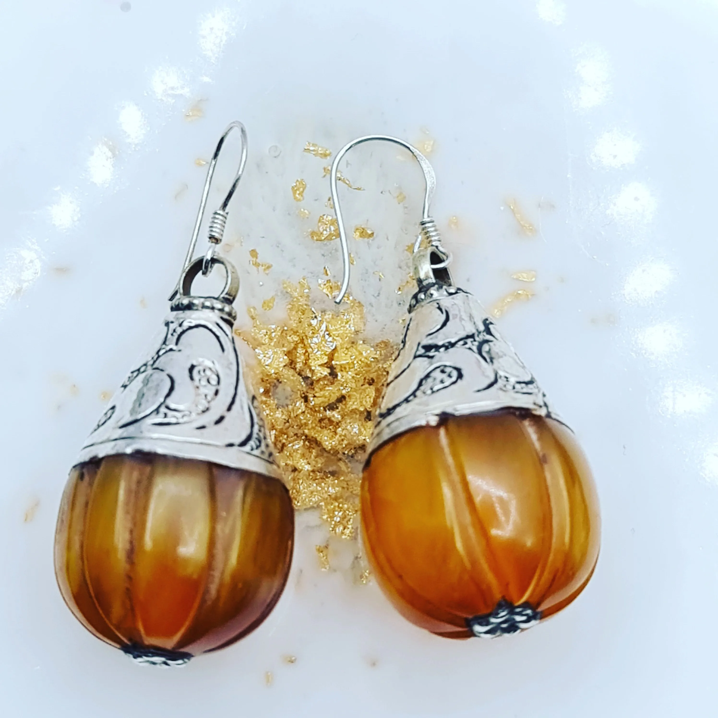 Vintage amber tone pumpkin bead earring drops